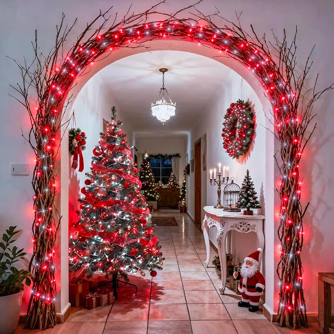 JMEXSUSS 2 Pack Red and White Battery Christmas Lights | Each 33ft 100 LED Battery Powered String Lights with Remote for Tree Patio Yard House Party Birthday Outside