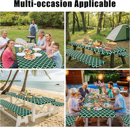 Smiry Picnic Table Cover with Bench Covers, Waterproof Elastic Fitted Tablecloth for 6 Foot Tables, Washable Polyester Tablecloths for Camping, Indoor & Outdoor (Emerald Green, 30x72 Inch 3-pc Set)