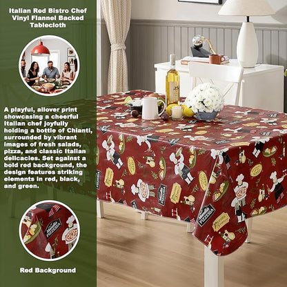 Newbridge 60 x 120 Inch Rectangle Vinyl Tablecloth with Flannel Backing, Italian Red Bistro Chef, Novelty Chef Indoor Outdoor Waterproof Table Cover for Picnic, Barbecue, Patio and Kitchen Dining