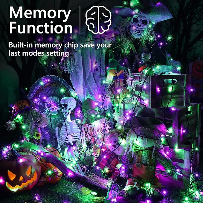 Brizled Outdoor Halloween String Lights Indoor Mini Purple & Green Light | 240 LED 95.14ft; 8 Modes; Connectable; Timer; Waterproof; Plugin Mini Twinkle Fairy Light for Outside Spooky Tree Decoration