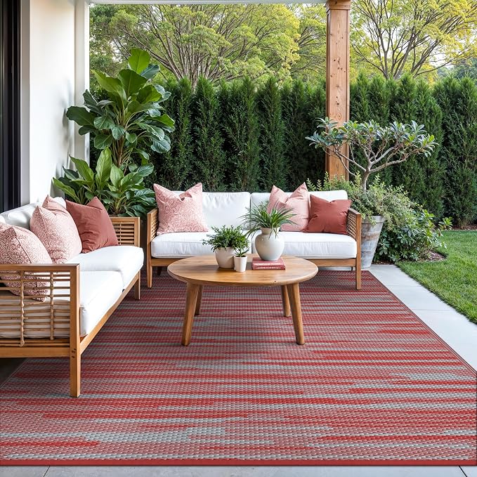GENIMO Outdoor Rug, Waterproof Plastic Rugs for Patio, 6'x9' Crimson Grey | Outside Larger Modern Carpet Mat for Porch Decor, Deck, Balcony, Camping, RV, Backyard, Picnic, Beach, Reversible, Foldable