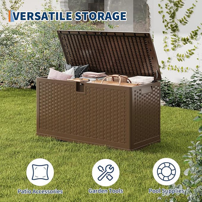 Garvee Outdoor Storage Box, 73 gal Large Waterproof Resin Deck Box Indoor Outdoor Use, Lockable UV Resistant Storage Bin for Patio, Garden, Cushions, Tools, Equipment, Brown