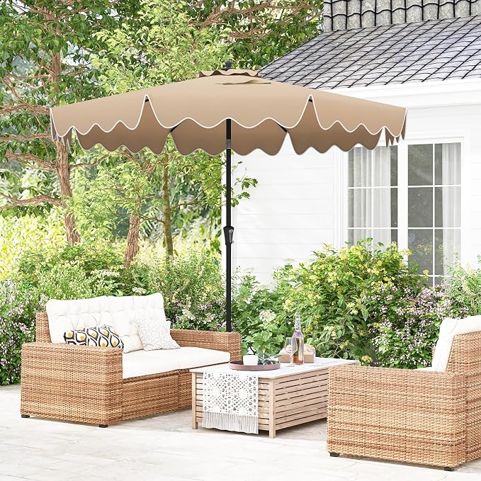 Tangkula 9Ft Patio Umbrella with Crank, 2-Tier Outdoor Umbrella with Push Button Tilt, Sun-Protective Canopy, 8 Ribs, Scalloped Patio Umbrella for Outdoor Beach Deck Pool Table (Coffee)