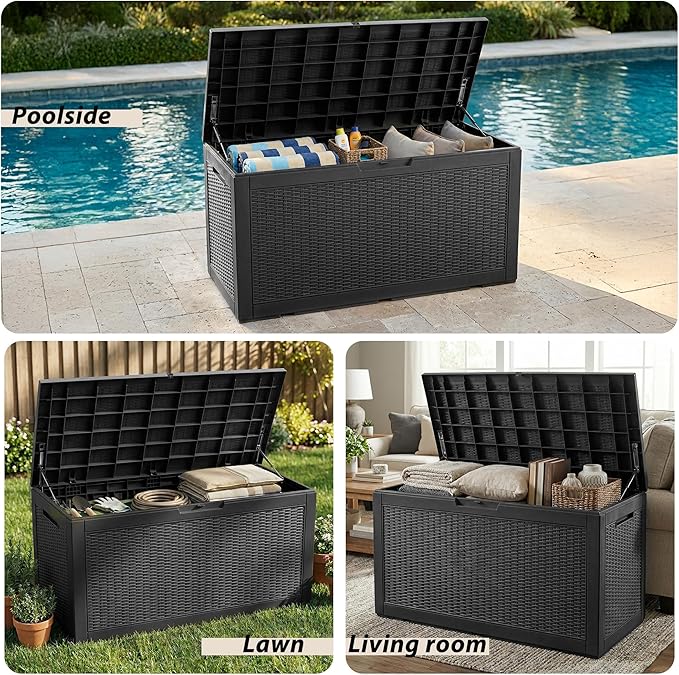 Waterproof Outdoor Storage Box, 125 Gallon Lockable Deck Box, UV-Resistant Outside Storage Bin with Hydraulic Lid for Patio Furniture, Cushion Organizer, Garden Tool, Pool Accessories, Black