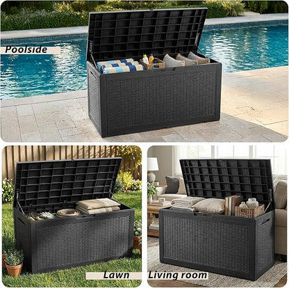 Waterproof Outdoor Storage Box, 125 Gallon Lockable Deck Box, UV-Resistant Outside Storage Bin with Hydraulic Lid for Patio Furniture, Cushion Organizer, Garden Tool, Pool Accessories, Black