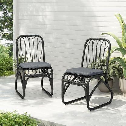 Christopher Knight Home Set of 2 Busby Patio PE Wicker Dining Chairs, Outdoor Woven Rattan Accent Chair with Iron Frame+Cushion, Fully Assembled Lounge Chair Outdoor for Garden/Balcony, Black+Grey