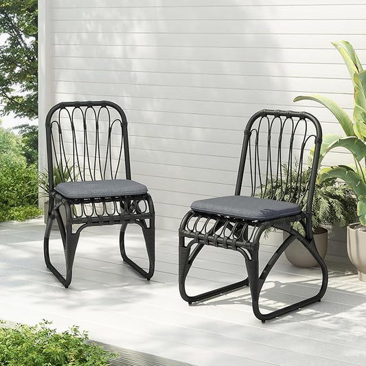 Christopher Knight Home Set of 2 Busby Patio PE Wicker Dining Chairs, Outdoor Woven Rattan Accent Chair with Iron Frame+Cushion, Fully Assembled Lounge Chair Outdoor for Garden/Balcony, Black+Grey