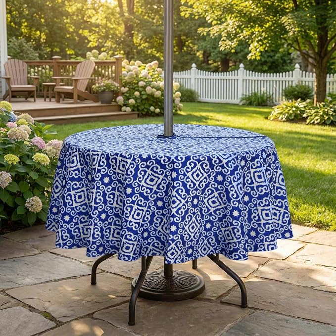 EHouseHome Outdoor and Indoor 70inch Round Tablecloth with Umbrella Hole and Zipper, Waterproof Zippered Patio Cloths, Spring/Summer Table Covers for Backyard Circular Table/BBQs/Picnic