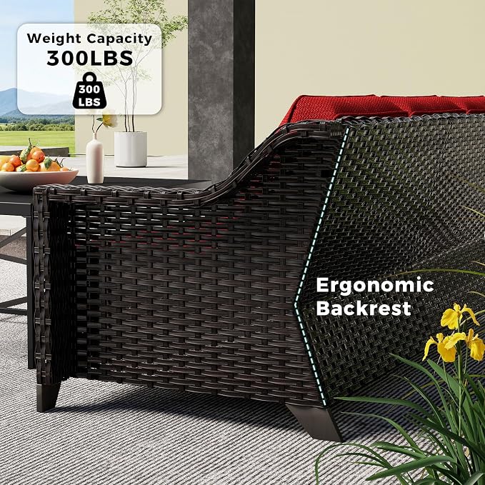 4 Pieces Patio Conversation Furniture Set - 1 Sofa, 2 Swivel Chairs, 1 Side Table, Outdoor Wicker Furniture with Removable Cushions for Porch, Balcony, Sunroom (Red)