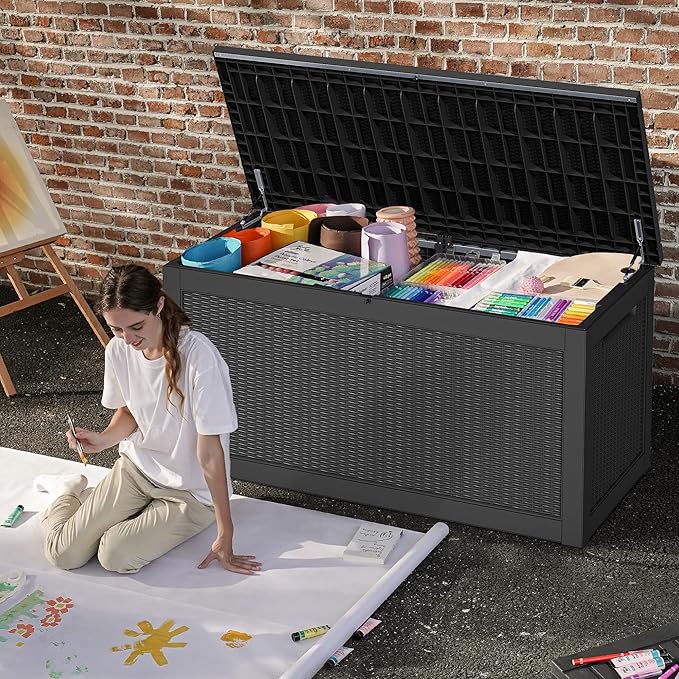 DWVO 320 Gallon Resin Outdoor Storage Box, XXL Large Waterproof Deck Box, Doubles as Table or Seating with 1000 lbs Capacity, Lockable (Black)