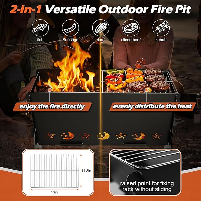 Portable Campfire Grill, HaSteeL Mini Barbecue Slot with Grate & Carry Bag, Heavy-duty BBQ Outdoor Fire Pit for Camping Backyard, Bonfire, Patio, Easy Assembly