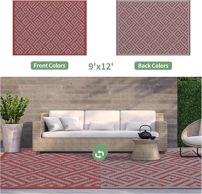 GENIMO Outdoor Rug, Waterproof Plastic Rugs for Patio, 9'x12' Red Grey | Outside Larger Modern Carpet Mat for Porch Decor, Deck, Balcony, Camping, RV, Backyard, Picnic, Beach, Reversible, Foldable