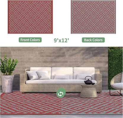GENIMO Outdoor Rug, Waterproof Plastic Rugs for Patio, 9'x12' Red Grey | Outside Larger Modern Carpet Mat for Porch Decor, Deck, Balcony, Camping, RV, Backyard, Picnic, Beach, Reversible, Foldable
