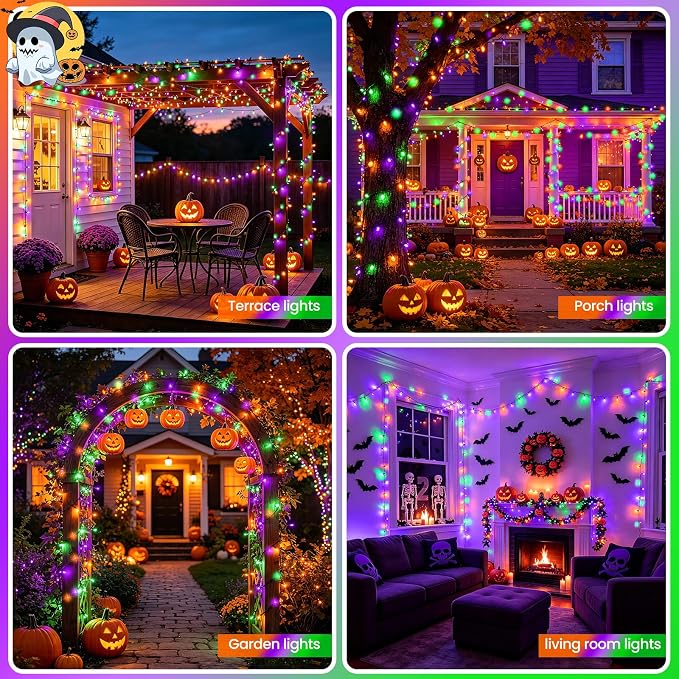 Halloween Lights Outdoor Solar String Lights Waterproof for Halloween Decorations, Total 100LED 45FT for Garden Yard Pathway Fence, Orange Purple Green 8 Modes 50LED x 2 Packs