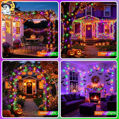 Halloween Lights Outdoor Solar String Lights Waterproof for Halloween Decorations, Total 100LED 45FT for Garden Yard Pathway Fence, Orange Purple Green 8 Modes 50LED x 2 Packs