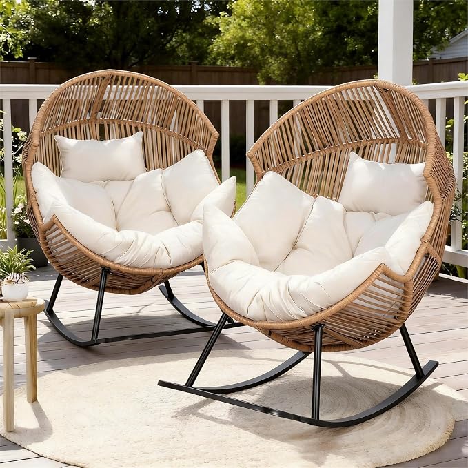 Oversized Outdoor Rocking Chair Set of 2, Wicker Egg Patio Lounge Chair Basket Seat with Thick Cushion, All Weather Indoor Outdoor Porch Rockers for Balcony, Living Room, Lawn Garden