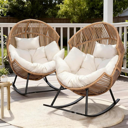 Oversized Outdoor Rocking Chair Set of 2, Wicker Egg Patio Lounge Chair Basket Seat with Thick Cushion, All Weather Indoor Outdoor Porch Rockers for Balcony, Living Room, Lawn Garden