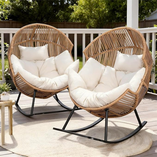Oversized Outdoor Rocking Chair Set of 2, Wicker Egg Patio Lounge Chair Basket Seat with Thick Cushion, All Weather Indoor Outdoor Porch Rockers for Balcony, Living Room, Lawn Garden