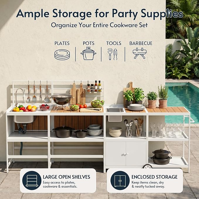 Modular Outdoor Kitchen Island with Sink, 4Pcs Aluminum Outdoor Kitchen Kit | Aluminum Frame, Weatherproof, Modular Grill Cart & Ice box, Large Countertop & Wall Hanging Design, For Patio BBQ, Party
