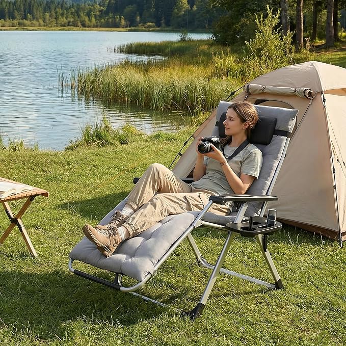Premium Outdoor Chaise Lounge Chairs, Oversized Zero Gravity Chair, Grey | Removable Cushion and Headrest, Lawn Chair with Cup Holder for Reading and Camping