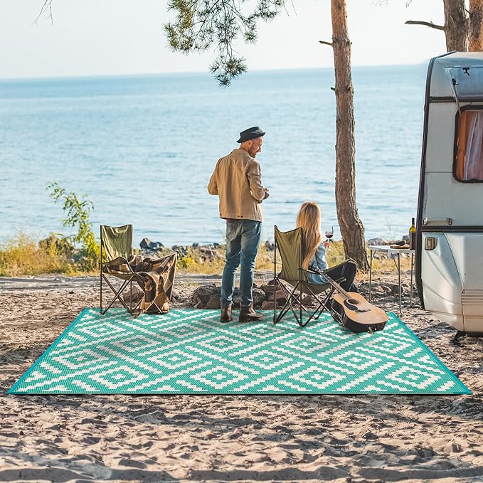 GENIMO Outdoor Rug, Waterproof Plastic Rugs for Patio, 6'x9' Lakegreen | Outside Larger Modern Carpet Mat for Porch Decor, Deck, Balcony, Camping, RV, Backyard, Picnic, Beach, Reversible, Foldable