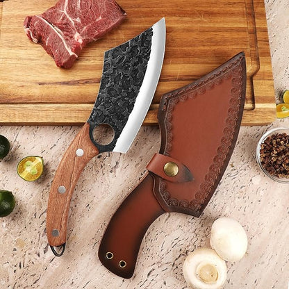 Hakai Chef Cleaver Knife – Full Tang High Carbon Stainless Steel Butcher Knife with Ergonomic Rosewood Handle & Leather Sheath – Sharp Meat Cutting Knife for Kitchen, Camping & BBQ