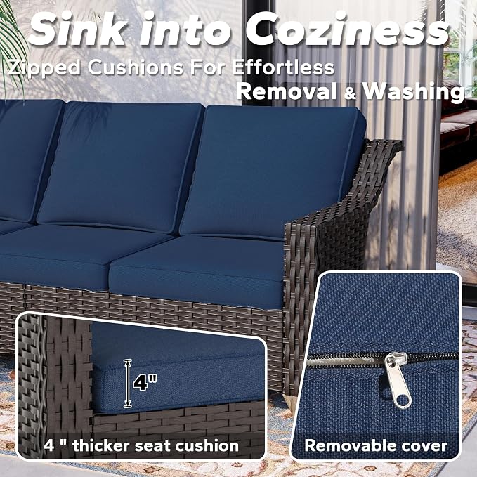 8 Pieces Patio Conversation Furniture Set - 2 Sofas, 4 Ottomans, 2 Swivel Chairs, 1 Side Table, Outdoor Wicker Furniture with Removable Cushions for Porch, Balcony, Sunroom (Blue)