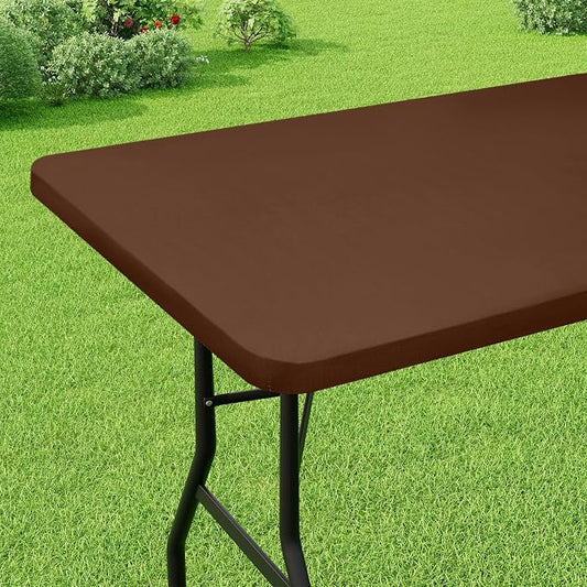 Smiry Rectangle Picnic Table Cloth, Waterproof Elastic Fitted Tablecloths for 8 Foot Tables, Washable Polyester Table Cover for Camping, Indoor and Outdoor (Tan, 30"x96")