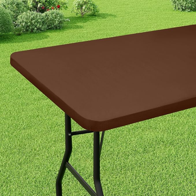 Smiry Rectangle Picnic Table Cloth, Waterproof Elastic Fitted Tablecloths for 6 Foot Tables, Washable Polyester Table Cover for Camping, Indoor and Outdoor (Tan, 30"x72")