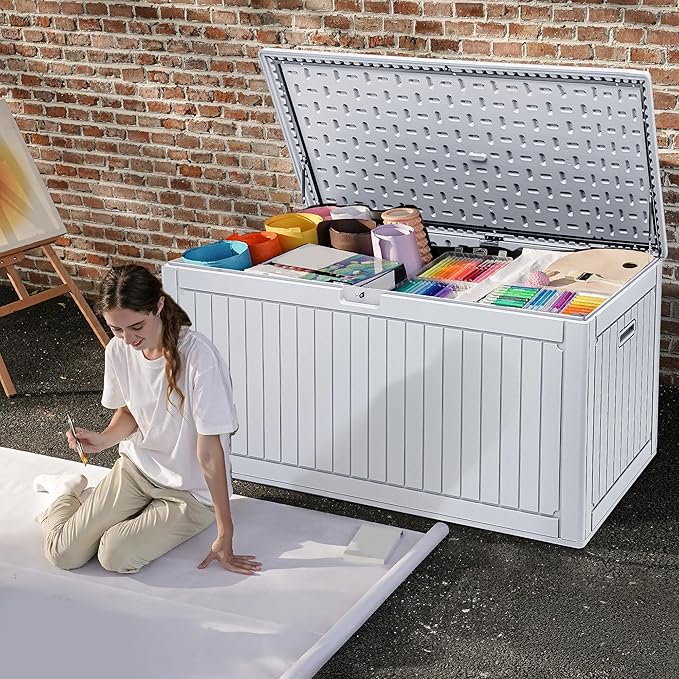 DWVO 320 Gallon Double-Wall Deck Box with Divider, XXL Extra Large Resin Outdoor Storage Box, Lockable & Waterproof, Double as Seating, 1000lbs Capacity (Grayish-White)