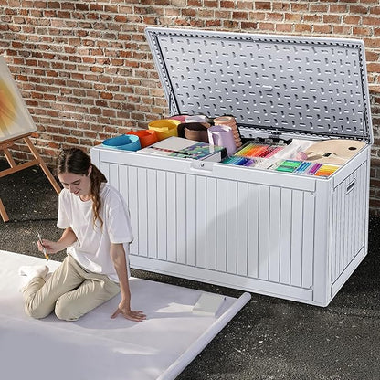 DWVO 320 Gallon Double-Wall Deck Box with Divider, XXL Extra Large Resin Outdoor Storage Box, Lockable & Waterproof, Double as Seating, 1000lbs Capacity (Grayish-White)
