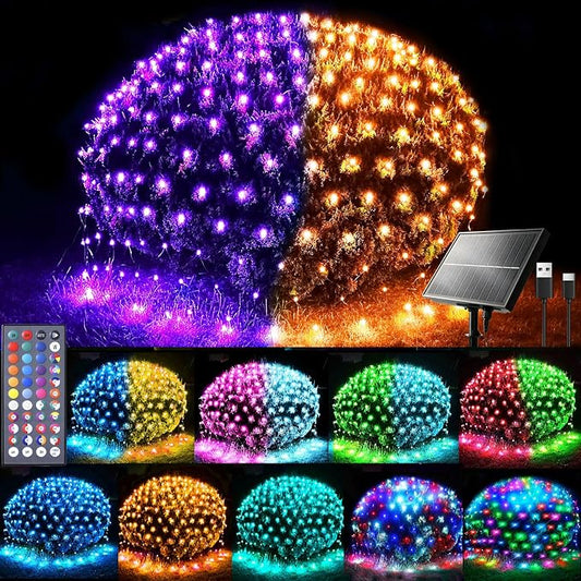 4ft x 8ft Solar Net Lights, 104LED 34 Colors Changing Christmas Net Lights Solar & USB Powered, Waterproof Mesh String Lights Green Wire for Bushes Lawn Garden Xmas Holiday Party Outdoor Decor