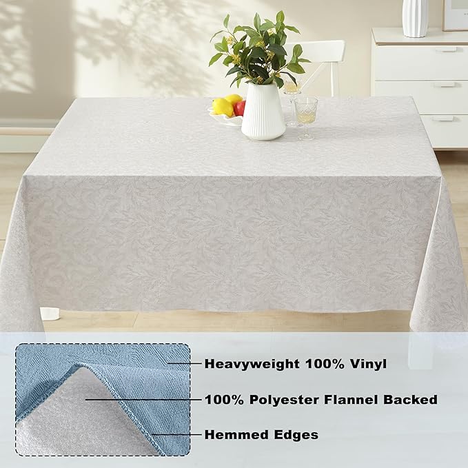 Newbridge Napa Leaf Beige Vinyl Flannel Backed Tablecloth, 52 x 70 Inch Rectangle, Hotel Quality Waterproof Indoor Outdoor Table Cover for Kitchen, Patio, Dining, BBQ