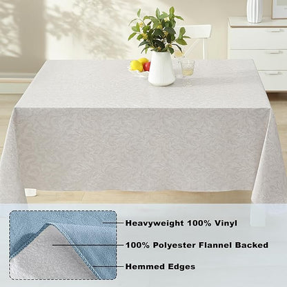 Newbridge Napa Leaf Beige Vinyl Flannel Backed Tablecloth, 52 x 70 Inch Rectangle, Hotel Quality Waterproof Indoor Outdoor Table Cover for Kitchen, Patio, Dining, BBQ