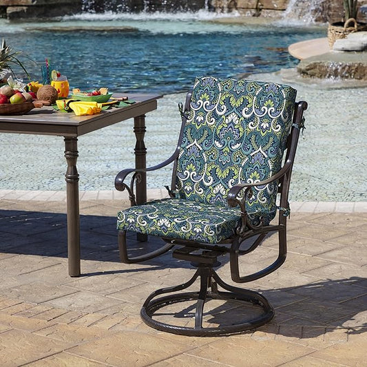 Arden Outdoor Patio Dining Chair Cushion, 20x44, Rain-Proof Seat Pad, Fade-Resistant Outdoor Cushion Sapphire Aurora Blue Damask