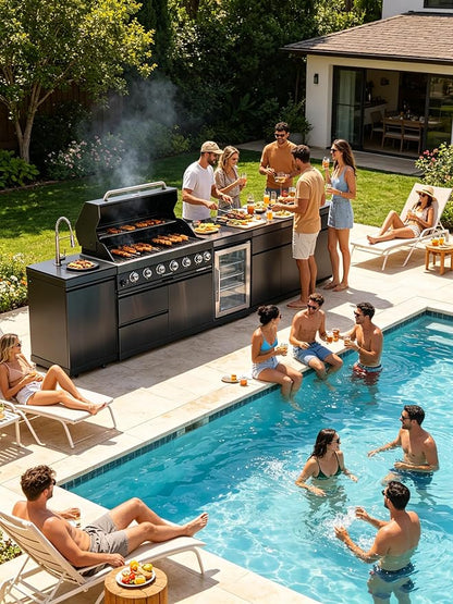 82" Outdoor Kitchen Island with 6 Burner Grill, Sink & Beverage Fridge, 85,000 BTU BBQ Grill Station for Backyard Entertaining, 304 Stainless Steel Patio Cooking Island,Black
