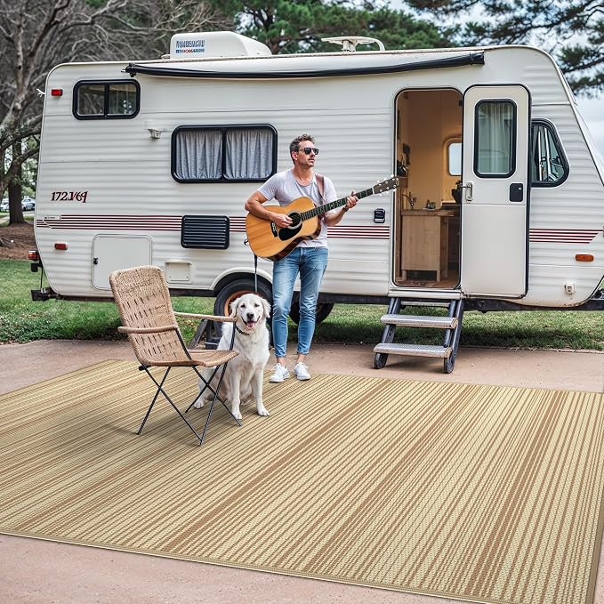 GENIMO Outdoor Rug, Waterproof Plastic Rugs for Patio, 5'x8' Deep Beige | Outside Larger Modern Carpet Mat for Porch Decor, Deck, Balcony, Camping, RV, Backyard, Picnic, Beach, Reversible, Foldable