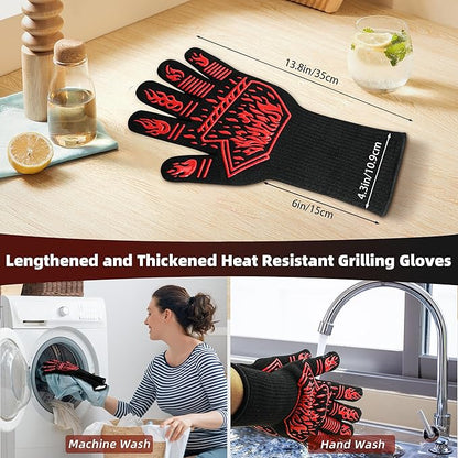 BBQ Gloves, 1472°F Heat-Resistant and Anti Slip Long Grilling Gloves, One Size Fits All, Gift Two Hooks, Excellent Hand and Wrist Protection in The Kitchen/Fireplace/Griddle/Smoker/Fire Pit