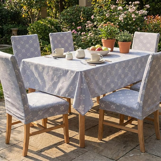 7 Pcs Gray Floral Tablecloth and Chair Covers Set Waterproof Vintage Farmhouse Rectangular Table Cover with Stretch Chair Slipcovers for Dining Room Patio Parties