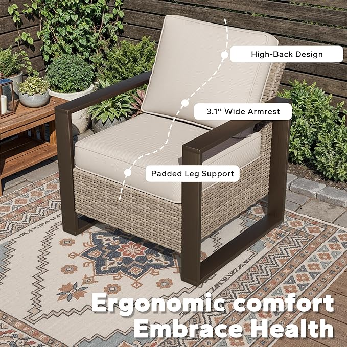Joyside Outdoor Patio Chairs Set, 4 Pieces Wicker Rattan Chairs with Metal Wide Armrest, Thick Cushions and Deep Seating for Garden, Backyard, Porch, Deck