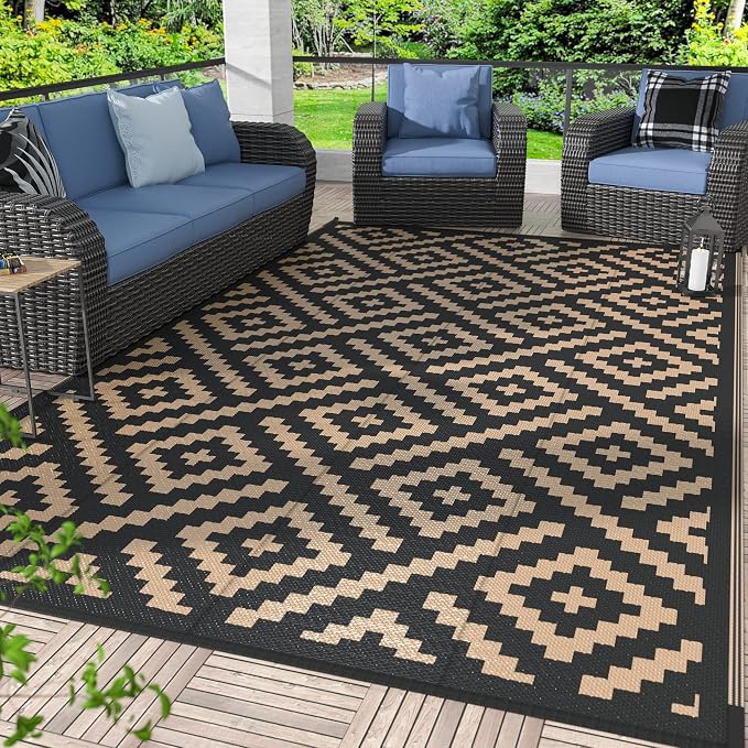 GENIMO Outdoor Rug, Waterproof Plastic Rugs for Patio, 5'x8' Black Brown | Outside Larger Modern Carpet Mat for Porch Decor, Deck, Balcony, Camping, RV, Backyard, Picnic, Beach, Reversible, Foldable