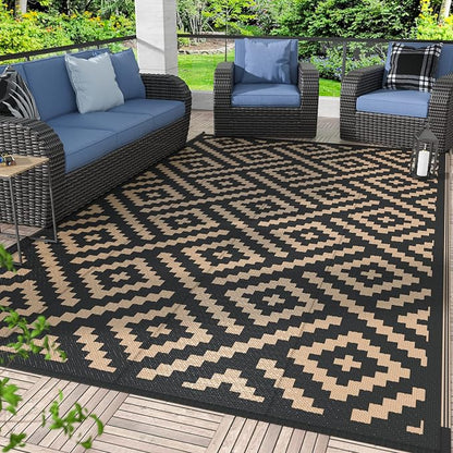GENIMO Outdoor Rug, Waterproof Plastic Rugs for Patio, 4'x6' Black Brown | Outside Larger Modern Carpet Mat for Porch Decor, Deck, Balcony, Camping, RV, Backyard, Picnic, Beach, Reversible, Foldable