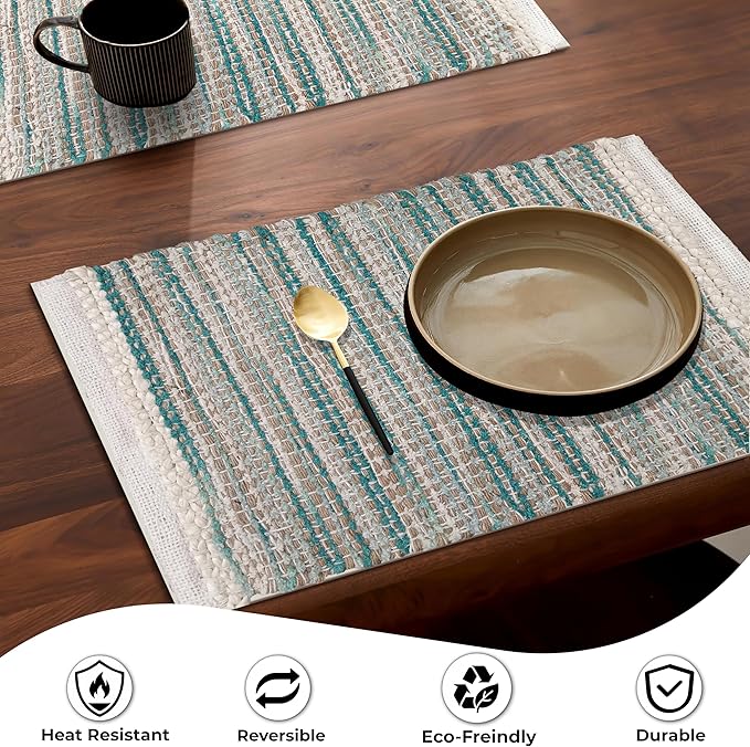 Hausattire Woven Table Placemats Set of 4 - Teal, Jute Boho Outdoor Table Mats for Kitchen Dining Decoration | Heat Resistant Farmhouse Rustic Dinner Spring Easter Placemat - 13x19 Inch