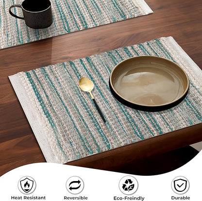 Hausattire Woven Table Placemats Set of 4 - Teal, Jute Boho Outdoor Table Mats for Kitchen Dining Decoration | Heat Resistant Farmhouse Rustic Dinner Spring Easter Placemat - 13x19 Inch