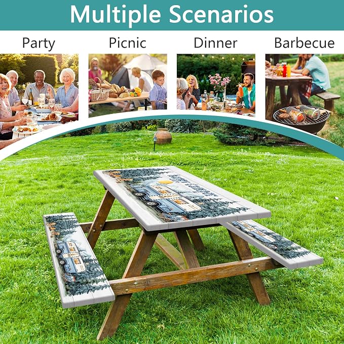 Picnic Table Cover with Bench Covers Elastic Edges, Outdoor Patio Camping Essentials 72 Inch 3PCS, Camper Fitted Table Cover, Waterproof Rectangle Tablecloth with Drawstring Bag,Blue White