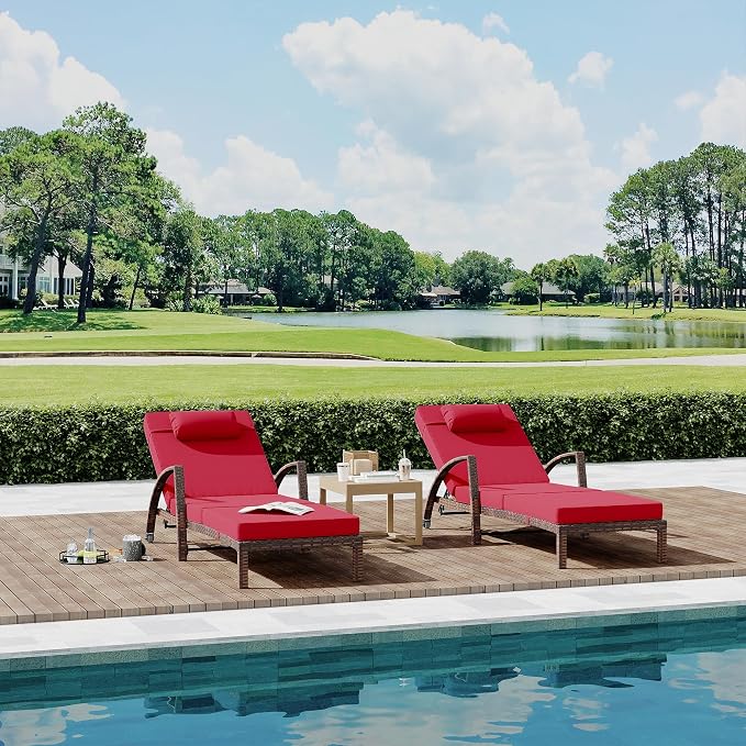 GarveeLife 2-Piece Rattan Patio Folding Chaise Lounge, 5-Position Adjustable Backrest Outdoor Lounge Chair with Cushion and Pillow for Poolside, Backyard, Deck, Porch, Red