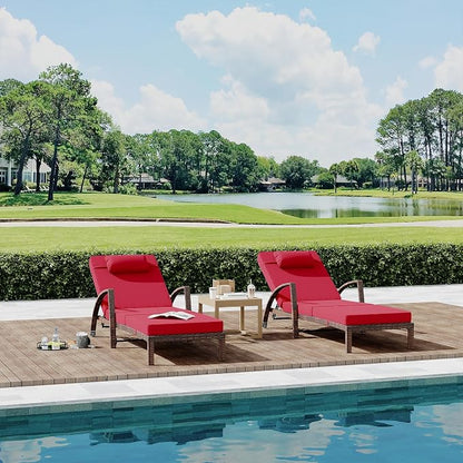 GarveeLife 2-Piece Rattan Patio Folding Chaise Lounge, 5-Position Adjustable Backrest Outdoor Lounge Chair with Cushion and Pillow for Poolside, Backyard, Deck, Porch, Red