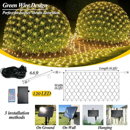 6.5ft x 6.5ft Solar Net Lights, 120LED 34 Colors Changing Christmas Net Lights Solar & USB Powered, Waterproof Mesh String Lights Green Wire for Bushes Tree Patio Xmas Holiday Party Outdoor Decor