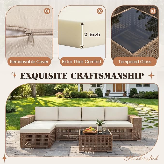 Devoko Patio Furniture Set,6 Pieces Outdoor Sectional Sofa with Cup Holder and 7.87in Wider Armrest, PE Wicker Backyard Couch Set with Coffee Table&Glass Tabletop for Deck, Porch（6 pcs）