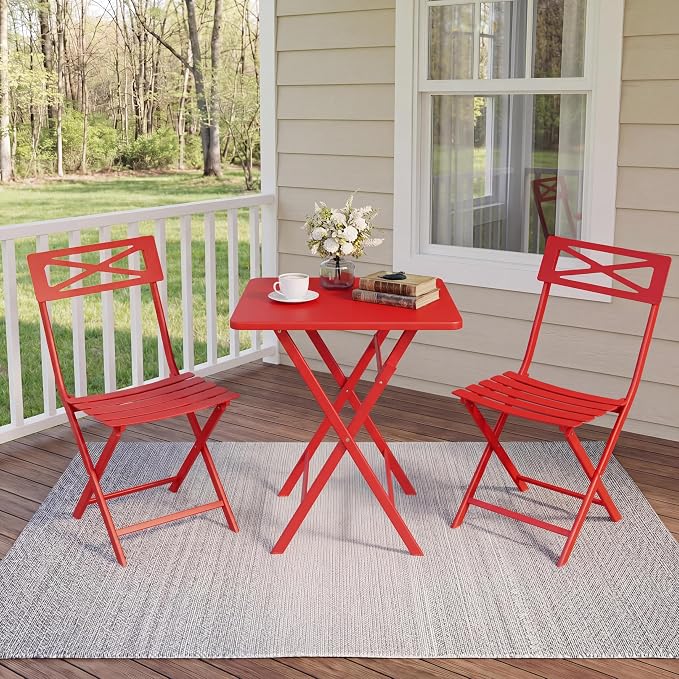 Garvee 3PCS Bistro Set, Folding Patio Furniture Set w/ 2 Chairs,Solid Steel | Foldable space-saving bistro set, fully pre-assembled for instant use. Powder-coated weatherproof steel frame. Easy-clean